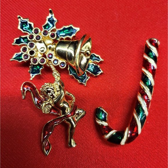 Vintage Christmas Pins/ Brooch Set of 2  Christmas Angel Bell & Candy Vane Pins - Picture 3 of 11